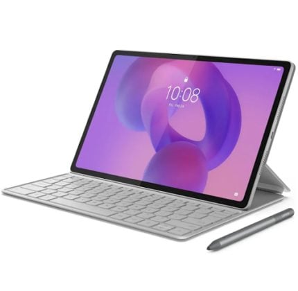 Tablet with detachable keyboard and stylus in a laptop-like setup; purple wallpaper on screen.