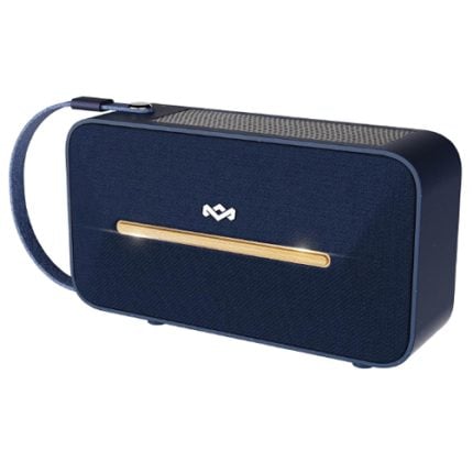 Blue portable Bluetooth speaker with a wood-accented front bar and side carrying handle