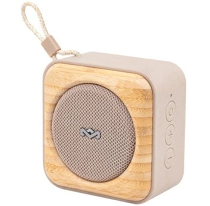 Square portable speaker with a wood-front grille, beige sides, and a fabric rope loop strap.