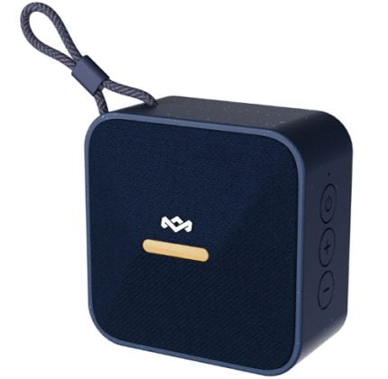 Blue square portable Bluetooth speaker with fabric front, side controls, and a wrist strap