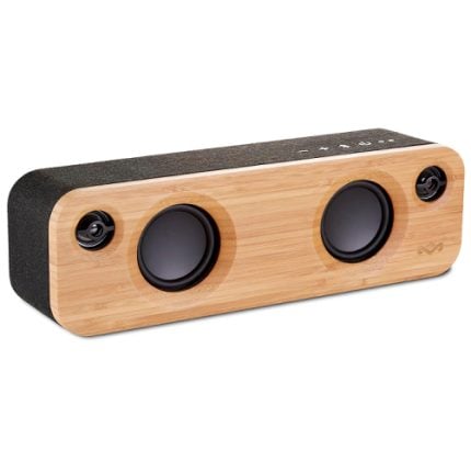 Twin-driver Bluetooth speaker with a bamboo front panel and black fabric back.