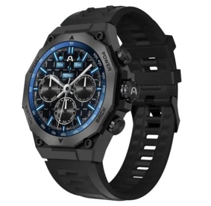 Black sport chronograph watch with blue bezel and multiple subdials on a rubber strap