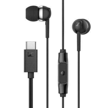 Black in-ear headphones with silicone tips, inline remote, and a USB-C connector shown.
