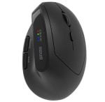 Black ergonomic wireless mouse with thumb buttons and LED indicator lights; Maxell branding visible on the side.