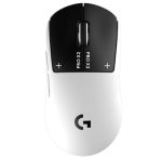 White wireless computer mouse with a black top panel, centered scroll wheel, plus/minus indicators, and a Logitech G logo.