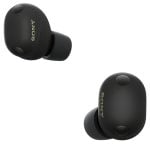 Pair of black Sony true wireless earbuds with silicone tips and small vent openings, shown from two angles.