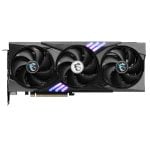Triple-fan graphics card with a black cooling shroud and purple accents, PCIe edge visible in the bottom left side.