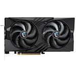 Black graphics card with two large cooling fans, MSI dragon logos at the center, and the PCIe connector visible.