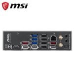 MSI MAG motherboard back I/O panel with multiple USB ports, Ethernet, audio jacks, HDMI/DisplayPort, and USB-C port; MSI logo visible above.