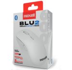 White Maxell BLU2 wireless Bluetooth mouse in retail packaging with a red top label and product branding.