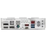 Gigabyte motherboard rear I/O panel with multiple USB ports, PS/2 socket, Ethernet, audio jacks, and video outputs ready for rear connections.