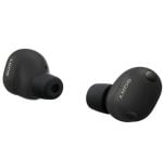 Pair of black Sony true wireless earbuds with silicone ear tips, shown from the sides.