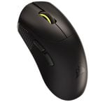 Black wireless gaming mouse with two side buttons and a yellow-edged scroll wheel, shown at an angle on a plain background.