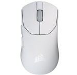 White wireless computer mouse with a centered scroll wheel and side buttons on the left, front view