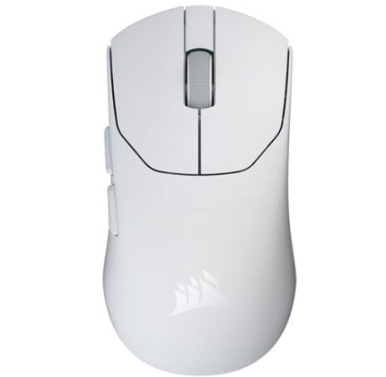 White wireless computer mouse with a centered scroll wheel and side buttons on the left, front view