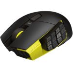 Black MMO gaming mouse with a built-in yellow 12-button side keypad for quick hotkeys