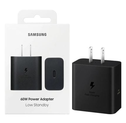 Samsung 60W Power Adapter with fast charging, shown as a black wall charger alongside its USB-C accessory and packaging.