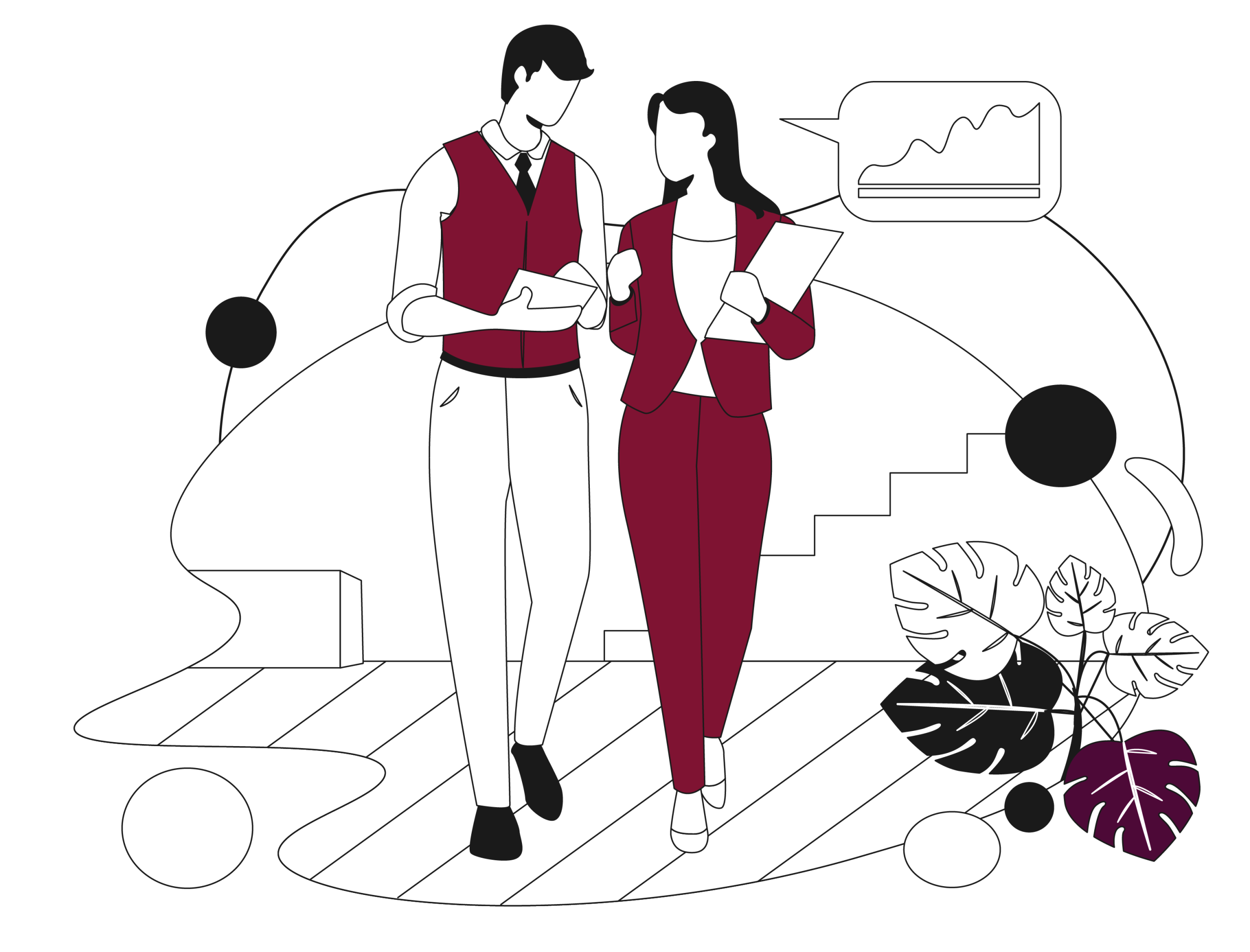 Two professionals, a man and a woman, in burgundy outfits walk side by side holding papers and chatting in a modern space with plants nearby.