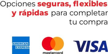 Promotional Spanish text about safe, fast checkout options, with logos of American Express, Mastercard and Visa.