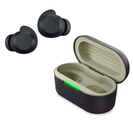 Black true wireless earbuds with open charging case, showing two inside slots and a green charging indicator on the case