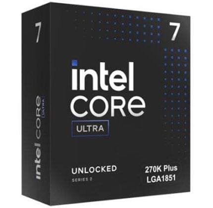 Box for an Intel Core i7 Ultra processor, black with white 'intel core' lettering and blue accents, showing 'UNLOCKED' and '270K Plus LGA1851'.