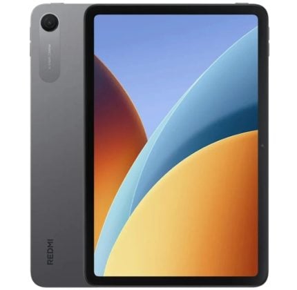 Front and back view of a Redmi tablet: large screen with colorful wallpaper and a front bezel; back shows circular camera and Redmi branding on the left edge.