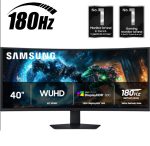 Samsung curved 40-inch gaming monitor on a stand, displaying an action game scene with 180 Hz refresh rate badge and WQHD resolution hints on screen.