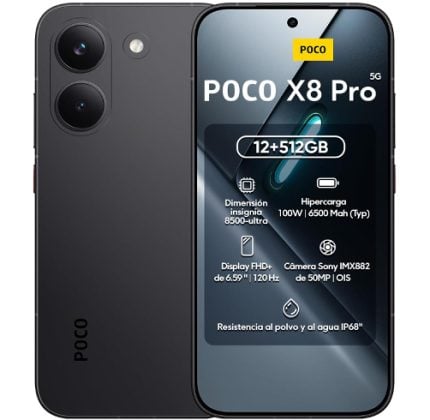 POCO X8 Pro smartphone shown from front and back, featuring dual rear cameras and 12+512GB storage.