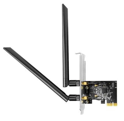 Wi‑Fi PCIe wireless network card with two external antennas and a gold edge connector.