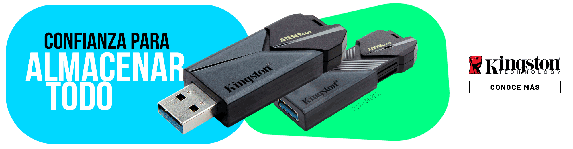 Kingston USB flash drives over a bright blue and green background with the slogan 'Confianza para Almacenar Todo' and a 'Conoce Más' button on the right.