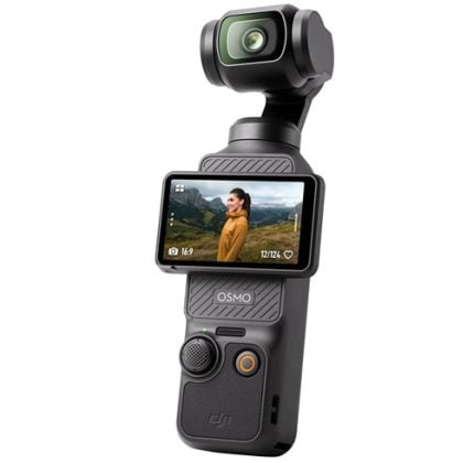 DJI Osmo-style handheld gimbal with a small touchscreen showing a person in a mountain landscape