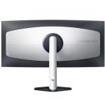 Back view of a curved Xiaomi computer monitor with a silver panel, purple ring around the mount, and white stand on a white background.