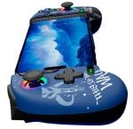 Blue portable gaming console with a built-in screen displaying an icy landscape; two joysticks, D‑pad, and control buttons are visible.