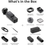 “What’s in the box” layout showing Osmo Pocket 3 and accessories: lenses, transmitter, mic, cables, bag, and tripod kit arranged in two columns with a plus sign in the center.