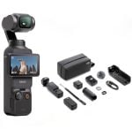 DJI Osmo Pocket handheld gimbal with built-in camera and multiple accessories including case, batteries, charger, and mounts.