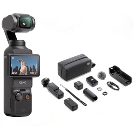 DJI Osmo Pocket handheld gimbal with built-in camera and multiple accessories including case, batteries, charger, and mounts.