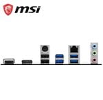 MSI logo above a motherboard back panel showing USB ports, Ethernet, video outputs (HDMI/DisplayPort), PS/2 port, and colorful audio jacks.