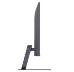 Side view of a slim computer monitor on an angled, adjustable stand with a slim base.