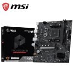 MSI PRO B550M-B motherboard displayed beside its black packaging box with MSI logo and shield.