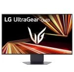 LG UltraGear OLED computer monitor on a rectangular stand, displaying colorful light streaks.