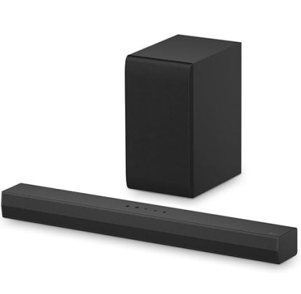 Black soundbar and wireless subwoofer speaker system for home theater.