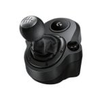 Gaming six‑speed manual gear shifter with leather boot and black base (racing wheel setup).