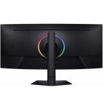 Rear view of a widescreen monitor on a stand, with a circular RGB lighting ring around the mount and ports visible on the lower back edge of the screen.