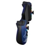 Blue handheld electronic device with RGB LED ring lights and a side wheel, shown from a side angle.