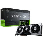 MSI Ventus 3X GeForce RTX 5060 Ti graphics card with three cooling fans, shown beside its black and green retail box.