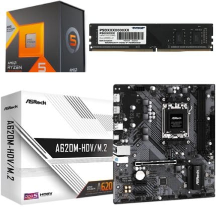 Boxed AMD Ryzen 5 CPU, an NVMe M.2 SSD, and an ASRock A620M-HDV/M.2 motherboard laid out together.