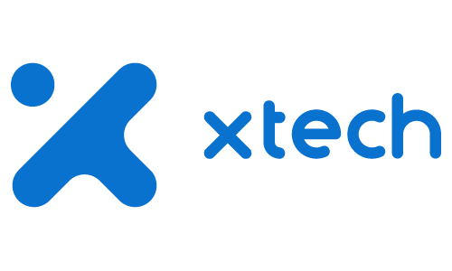 xtech logo: abstract blue mark on the left and the word 'xtech' in blue on the right.