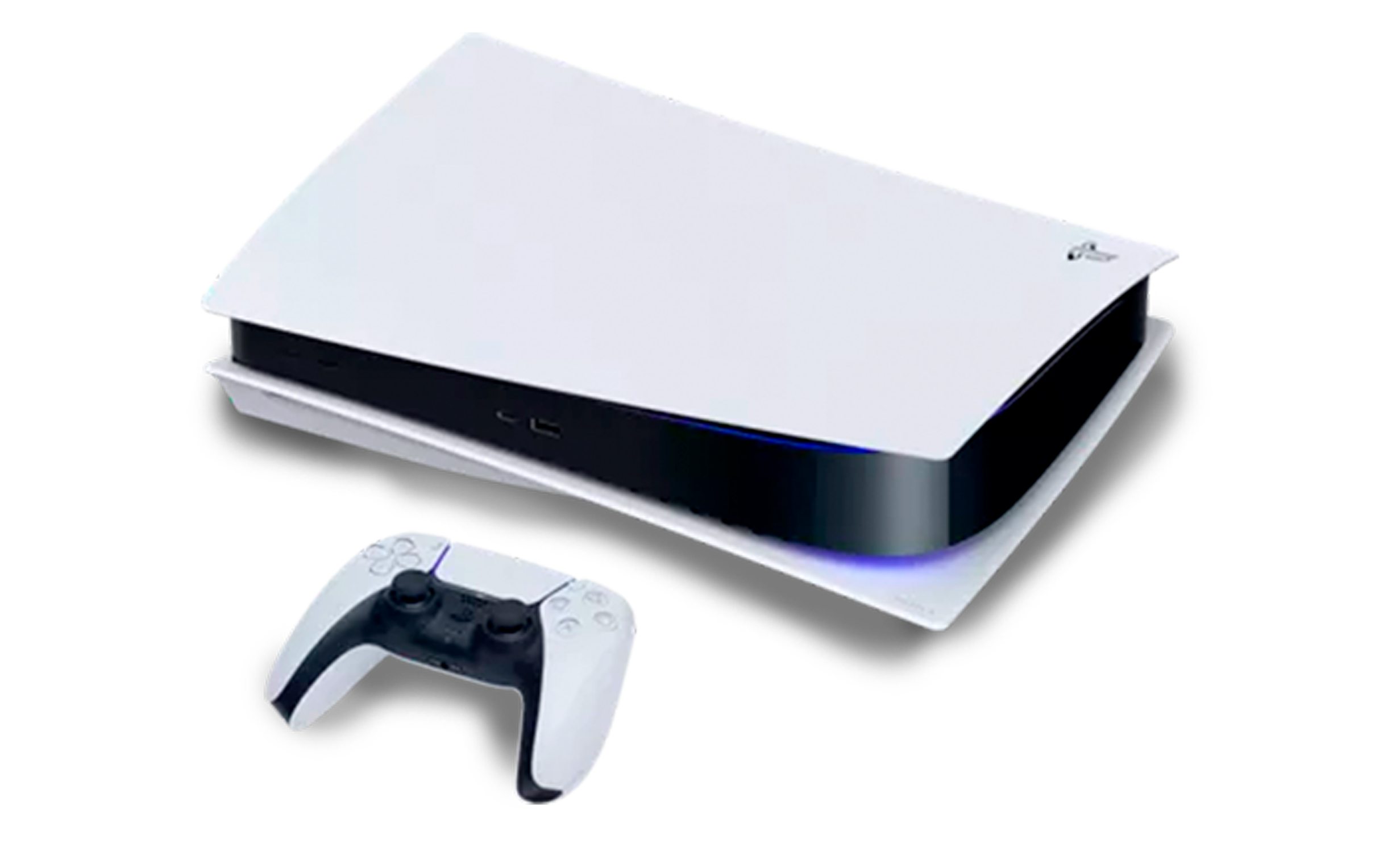 PlayStation 5 console with a matching DualSense controller on a black background, shown from a tilted angle.