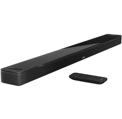 Black, elongated soundbar with a compact remote control beside it, set against a white background (home theater audio system).