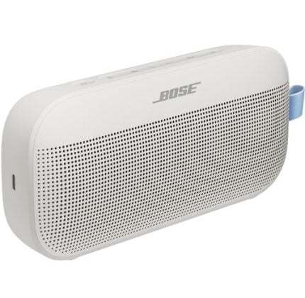 White Bose portable Bluetooth speaker with a perforated front grille and a blue strap on the side.